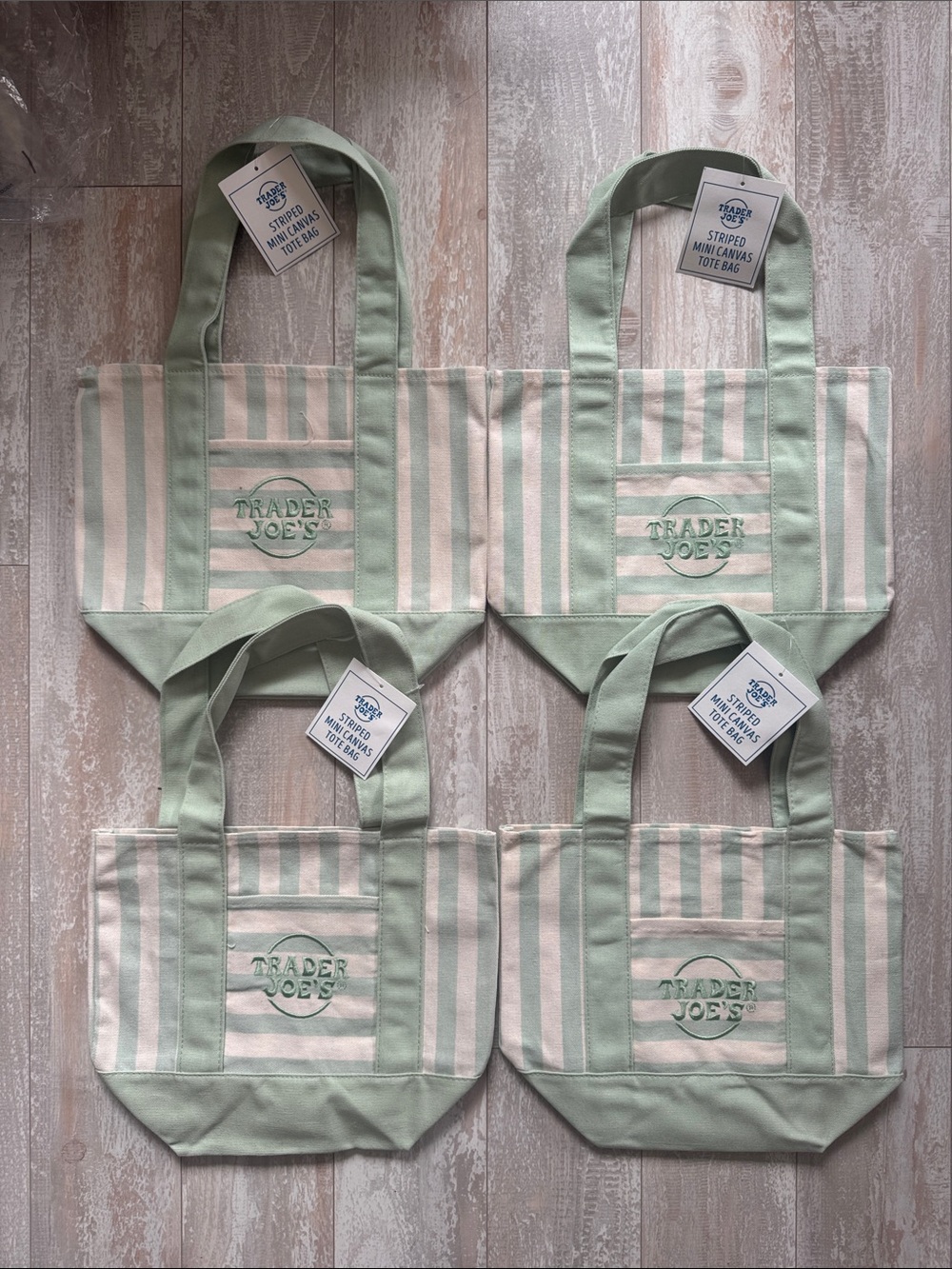 Trader Joe's Green Striped Canvas Tote Bags - Set of 4